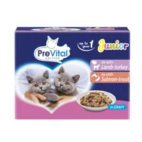 PreVital Kölyökmacskák számára lazaccal, pisztránggal, báránnyal és pulykával szószban macskaeledel