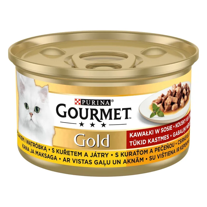 Gourmet Gold Falatok szószban lazaccal és csirkével nedves macskaeledel macskaeledel